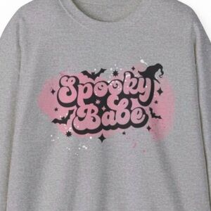 Women’s Grey and Pink Spooky Babe Halloween Sweatshirt For Fall Long Sleeve Cozy